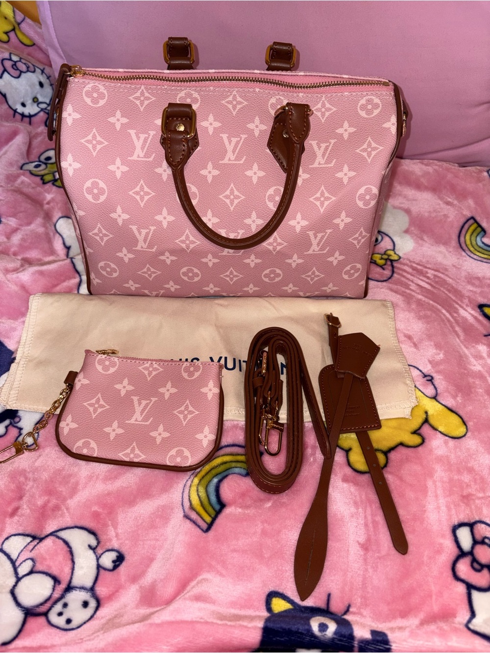 Inspired Pink Monogram Satchel with Brown Trim and Pouch